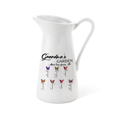 Custom Names Birth Month Butterflies of Grandma's Garden Vase, Women's Ceramic Mug Vase, Home Decor, Birthday/Mother's Day Gift for Her/Mom/Grandma