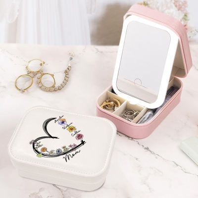 Custom Names & Birth Flowers Heart Makeup Box with Three-Color LED Light Mirror, Heart Floral Travel Makeup Jewelry Box, Gift for Her/Mom/Grandma