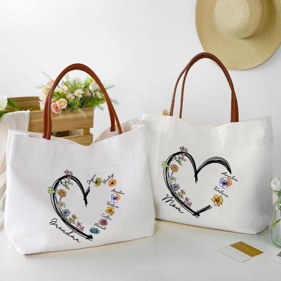 Custom Names & Birth Flowers Heart Tote Bag, Large Capacity Heart Floral Canvas Handbag with Leather Handle, Mother's Day Gift for Her/Mom/Grandma