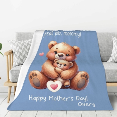 Personalized Cartoon Animal Mama & Baby Blanket with Name, Flannel/Sherpa Soft Bed Couch Throw, Home Decor, Birthday/Mother's Day Gift for Mom