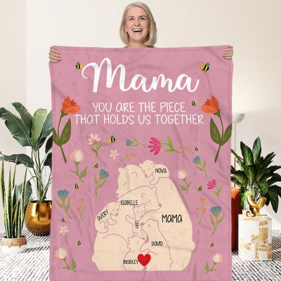 Personalized Names Floral Mama Bear Hugging Cubs Blanket, Flannel/Sherpa Soft Bed Couch Throw, Home Decor, Birthday/Mother's Day Gift for Mom/Grandma