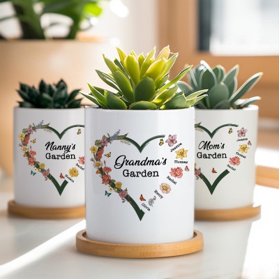 Custom Names & Birth Flowers Grandma's Garden Planter, Floral Heart Ceramic Plant Pot with Drainage & Bamboo Tray, Mother's Day Gift for Mom/Grandma