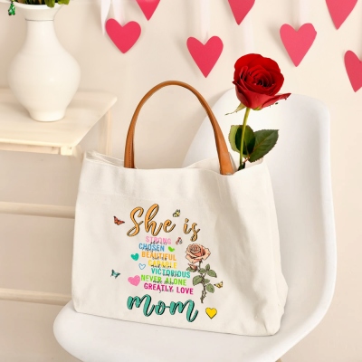 Personalized Birth Flower Bible Verses Tote Bag, Large Capacity Canvas Handbag with Leather Handle, Mother's Day/Christmas Gift for Her/Mom/Grandma