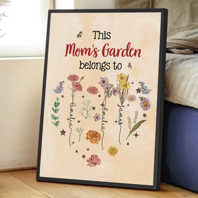 Custom Names & Birth Flowers Grandma's Garden Wall Art Print, Heart Floral Family Canvas Frame, Home Decor, Birthday/Mother's Day Gift for Mom/Grandma