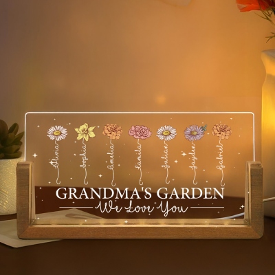 Custom Names & Birth Flowers Grandma's Garden LED Night Light, Acrylic Night Lamp with Wooden Base, Birthday/Mother's Day Gift for Her/Mom/Grandma