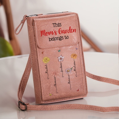 Custom Names & Birth Flowers Grandma's Garden Crossbody Cellphone Bag, Leather Phone Wallet Purse with Adjustable Strap, Gift for Her/Mom/Grandma