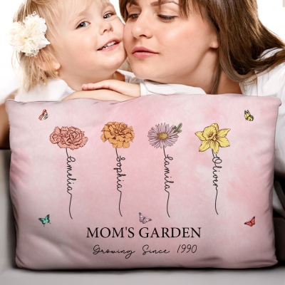 Personalized Names & Birth Flowers Grandma's Garden Pillowcase, Family Floral Pillow Cover, Home Decor, Birthday/Mother's Day Gift for Her/Mom/Grandma