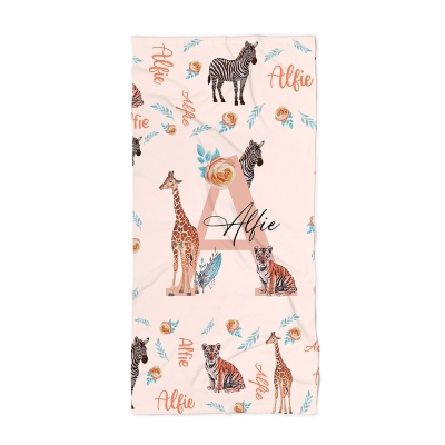 Personalized Name Jungle Animals Beach Towel with Initial, Quick Dry Bath Towel, Vacation/Beach/Pool Party Favor, Gift for Animal Lovers/Kids/Family
