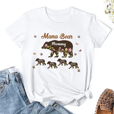 Personalized Mom/Grandma Flower Bear Pattern T-shirt/Sweatshirt, Custom Multiple Name Family Clothing, Mother's Day/Birthday Gift for Mom/Grandma/Her