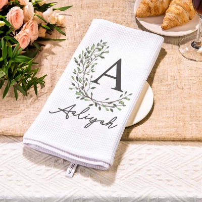 Personalized Initial & Name Wreath Wedding Tea Towel, Monogram Waffle Towel, Wedding Table Decor, Wedding/Anniversary Gift for Newlyweds/Couples