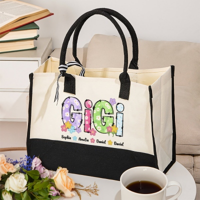 Personalized Floral Mom's Tote Bag with Names, Large Capacity Canvas Handbag with Ribbon, Birthday/Mother's Day Gift for Her/Mom/Grandma/Women