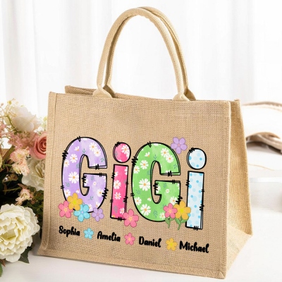Personalized Floral Mom's Tote Bag with Kids' Names, Large Capacity Women's Jute Handbag, Birthday/Mother's Day Gift for Her/Mom/Grandma/Family