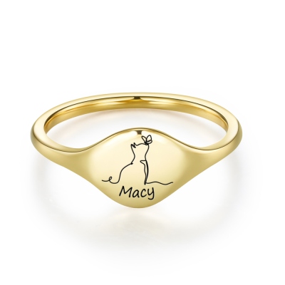 Personalized Engraved Cat Silhouette Signet Ring with Name, Sterling Silver 925 Minimalist Jewelry, Birthday/Anniversary Gift for Cat Lovers/Owners