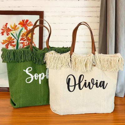 Custom Name Fringe Tote Bag, Boho Canvas Beach Bag with Leather Handle, Bachelorette Party Favor, Birthday/Wedding Gift for Girls/Women/Bridesmaids
