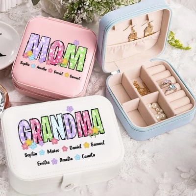 Personalized Floral Mom's/Grandma's Jewelry Box with Names, Leather Travel Jewelry Case, Birthday/Anniversary/Mother's Day Gift for Wife/Mom/Grandma