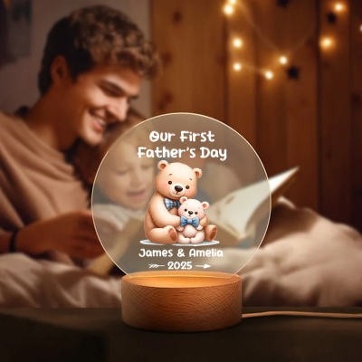 Personalized Name Our First Father's Day Night Light, Cartoon Animal Papa & Kid Design Night Lamp with Wooden Base, Father's Day Gift for New Dad