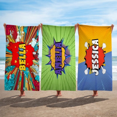 Personalized Comic-Inspired Beach Towel with Name, Quick Dry Microfiber Bath Towel, Vacation/Beach/Pool Party Favor, Gift for Kids/Teens/Boys/Girls