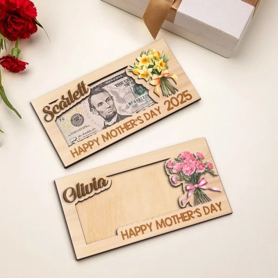 Personalized Birth Flower Money Holder with Name, Custom Wooden Gift Card Holder, Mom Cash Envelope, Mother's Day Gift for Wife/Mom/Grandma/Family