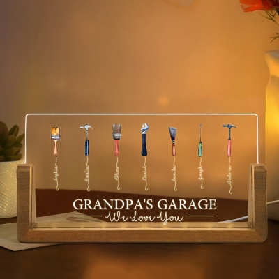 Personalized Grandpa's Garage LED Night Light with Kids' Names, Acrylic Night Lamp with Wooden Base, Birthday/Father's Day Gift for Him/Dad/Grandpa