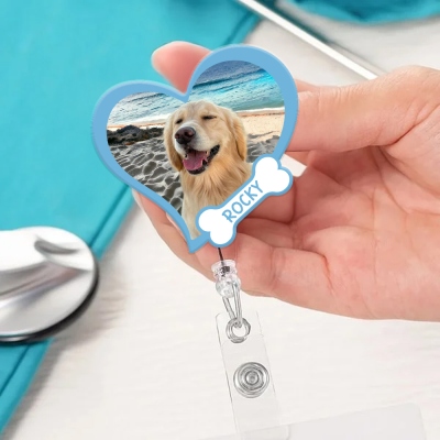 Personalized Pet Photo Heart/Paw Badge Reel, Pet Portrait ID Badge Clip, Badge Reel with Glitter Badge Buddy, Gift for Pet Lovers/Nurses/Doctors