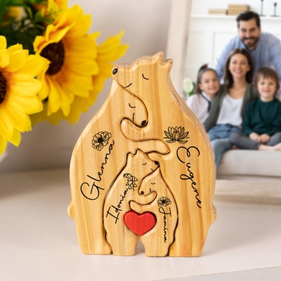 Personalized Bear Family Puzzle with 2-8 Names & Birth Flowers, Wooden Family Keepsake, Mother's Day/Father's Day Gift for Mom/Dad/Grandparents