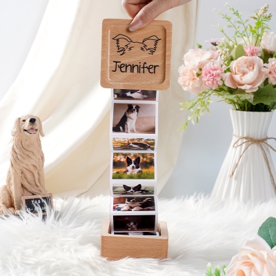 Custom Name & Pet Ears Pull out Photo Album, Accordion Wooden Photo Box, Memory Collection Keepsake, Anniversary/Christmas Gift for Pet Lovers/Owners