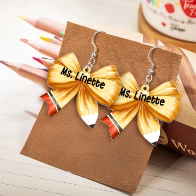 Personalized Coquette Bow Pencil Earrings with Name, Teacher's Dangle Earrings, Back to School/Teacher's Day/Appreciation Gifts for Teachers/Tutors