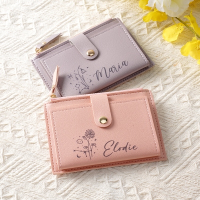 Personalized Name Zodiac Birth Flower Mini Wallet, Women's Leather Wallet, Bridal Shower Favor, Birthday/Mother's Day Gift for Her/Mom/Friends