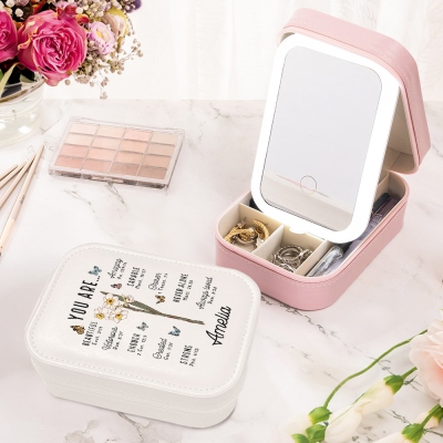Personalized Name Birth Flower Bible Verses Makeup Box with Three-Color Adjustment LED Light Mirror, Travel Makeup Jewelry Box, Gift for Her/Mom/Women