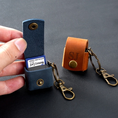 Personalized Name Leather SD Card Holder, Portable Micro SD Card Case with Keychain, Photography Accessories, Gift for Photographers/Shutterbugs