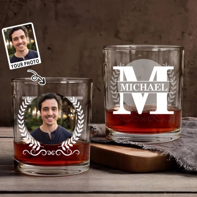 Personalized Name & Photo Wine Glass, 10oz Bourbon Whiskey Old Fashioned Glass, Birthday/Father's Day/Wedding Gift for Dad/Husband/Groomsmen