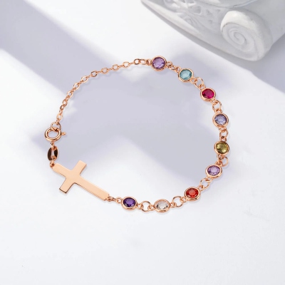 Personalized Birthstone Cross Bracelet, Customizable Cross Pendant with Birthstone, Meaningful Gift for Her