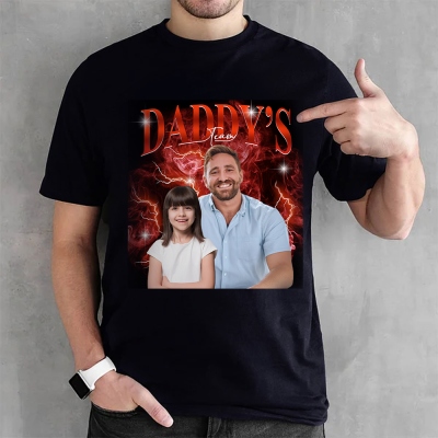 Personalized Photo Daddy's Team T-Shirt, Men's Cotton Crewneck T-Shirt with Dad & Kids Picture Inserts, Father's Day Gift for Husband/Dad/Grandpa