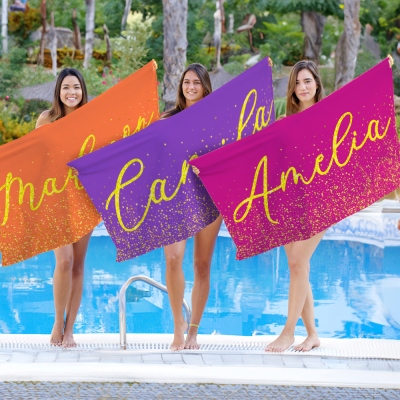 Custom Name Gold Polka Dots Beach Towel, Quick Dry Microfiber Bath Towel, Vacation/Beach/Pool Party Favor, Birthday/Wedding Gift for Women/Bridesmaids