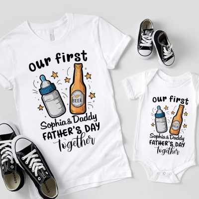 Custom Name Our First Father's Day Parent-Child Matching Shirts, Milk Bottle & Beer Mug Baby Onesie & Dad T-Shirt Set, Gift for Newborns/New Dad