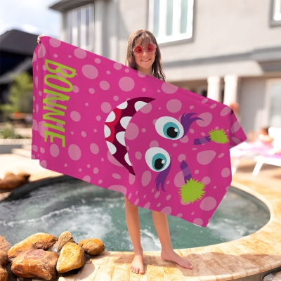 Personalized Name Little Monster Beach Towel, Quick Dry Microfiber Bath Towel, Vacation/Beach/Pool Party Favor, Birthday/Children's Day Gift for Kids