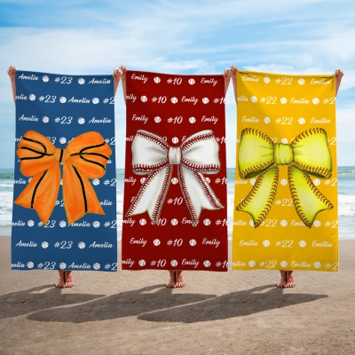 Custom Name & Number Ball Sports Coquette Bow Beach Towel, Quick Dry Microfiber Bath Towel, Summer Vacation/Beach Party Favor, Gift for Sports Lovers
