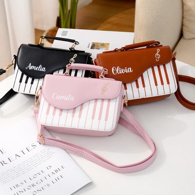 Personalized Piano Bag with Name, PU Leather Crossbody Handbag with Zipper & Adjustable Strap, Birthday/Mother's Day Gift for Music Lovers/Mom/Women