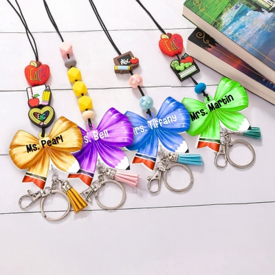 Custom Name Pencil Bow Apple Lanyard with Tassel & Keychain, Beaded Lanyard for ID Badges, Back to School/Appreciation Gift for Teachers/Educators
