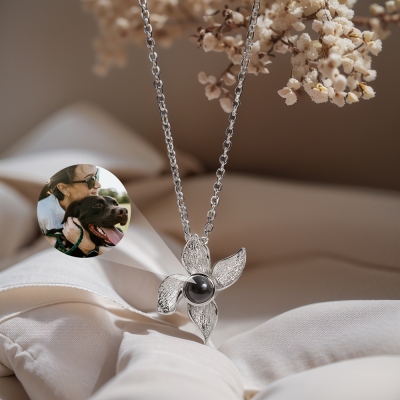 Custom Flower Pendant Photo Projection Necklace, Sterling Silver 925 Women's Jewelry, Anniversary/Birthday/Valentine's Day Gift for Her/Mom/Friends