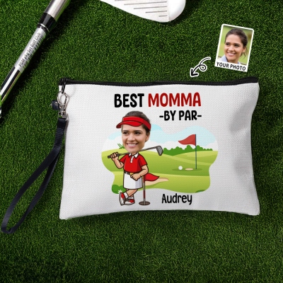 Custom Name & Face Photo Best by Par Cosmetic Bag, Linen Makeup Pouch with Wrist Strap, Women's Golf Accessories, Gift for Golf Lovers/Players/Coaches