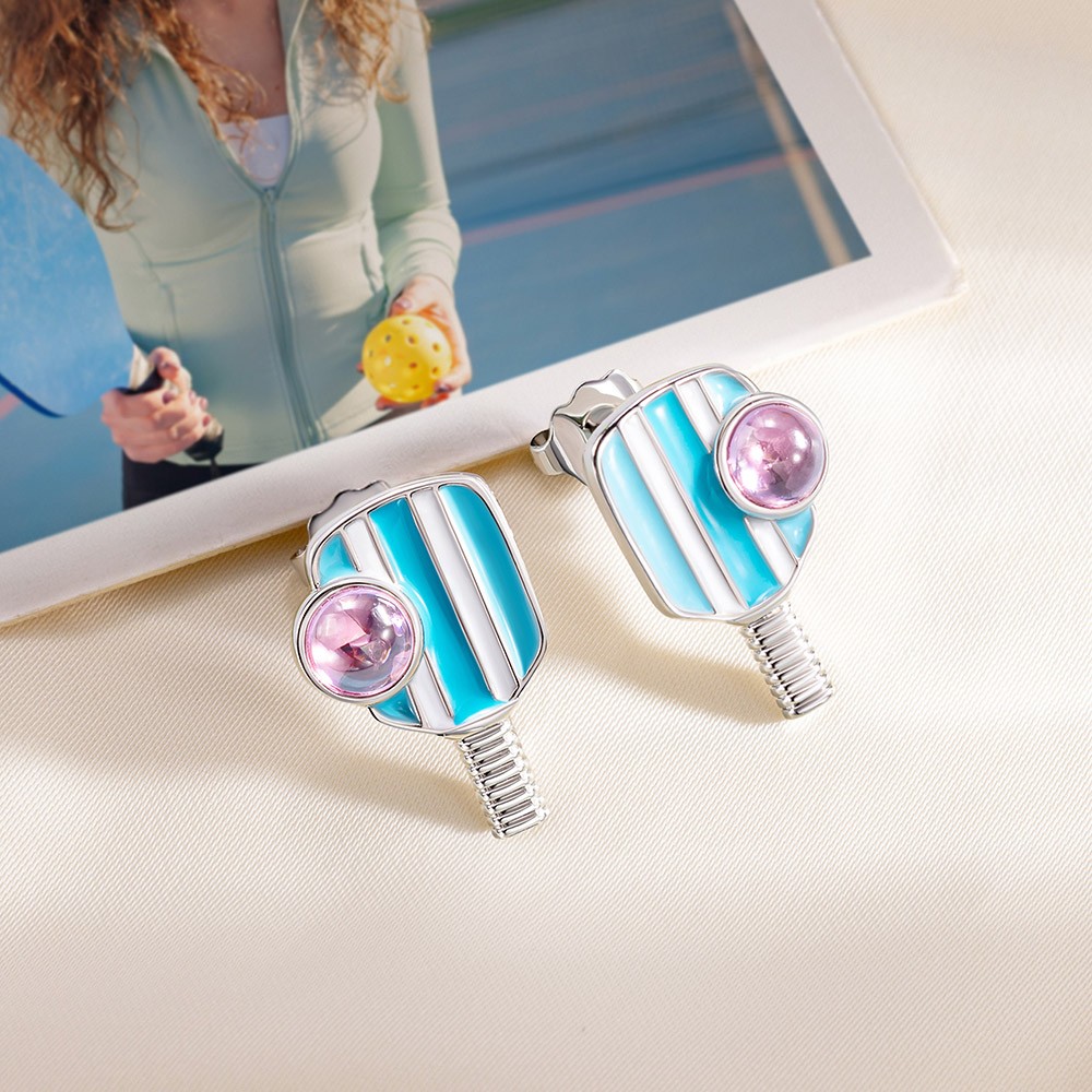 pink/blue striped pickball paddle enamel stud earrings