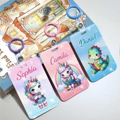 Personalized Name Unicorn/Dinosaur ID Badge Card Holder with Hanging Buckle, Backpack Charm Travel Accessories, Gift for Students/Colleagues