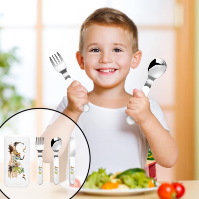 Personalized Name Safari Dinosaur Cutlery Set with Box, Food Grade Stainless Steel Knife, Fork & Spoon Set, Children's Day/Birthday Gift for Kids