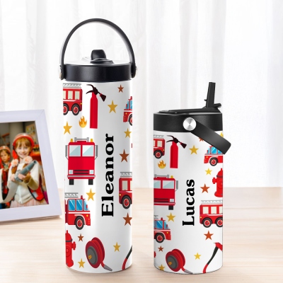 Custom Name Fire Truck Fire Extinguisher Design Water Bottle, Stainless Steel 15oz/20oz Tumbler with Silicone Straw & Handle, Birthday Gift for Kids
