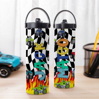 Custom Name Giant Truck Water Bottle, Stainless Steel 15oz/20oz Flames & Cars Insulated Tumbler with Silicone Straw & Handle, Gift for Kids/Boys