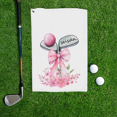 Personalized Name Golf Club & Ball with Floral Bow Design Golf Towel, Multicolor Waffle Weave Sports Towel with Carabiner Clip, Gift for Women Golfers