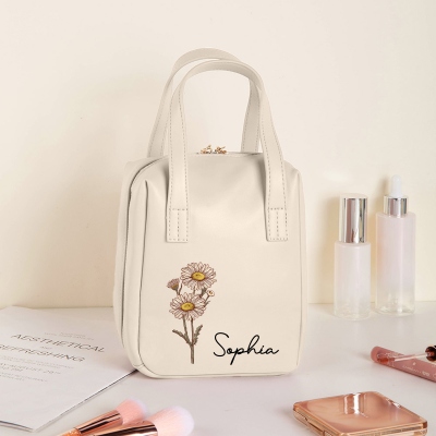 Personalisierter Name Geburtsblume Mini Schminktäschchen mit Fächern, Reise-Kulturtasche aus PU-Leder, Kosmetiktasche mit Henkel &amp; Reißverschluss, Geschenk für Frauen