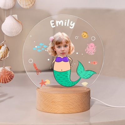 Personalized Name & Photo Little Mermaid Girl LED Night Light, Acrylic Night Lamp with Wooden Base, Nursery Home Decor, Birthday Gift for Girls/Kids