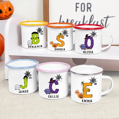 Personalized Halloween Initial Children's Enamel Mug with Name, 12oz Shatterproof Cup with Handle, Tin Camping Mug, Halloween Gift for Kids/Boys/Girls